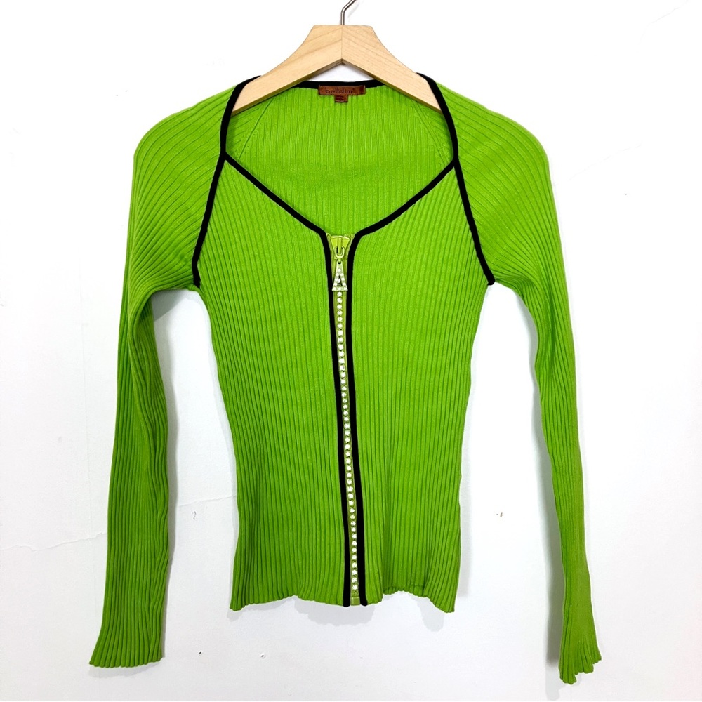 Vintage y2k lime green ribbed knit zipper front long sleeve top rhinestone shirt